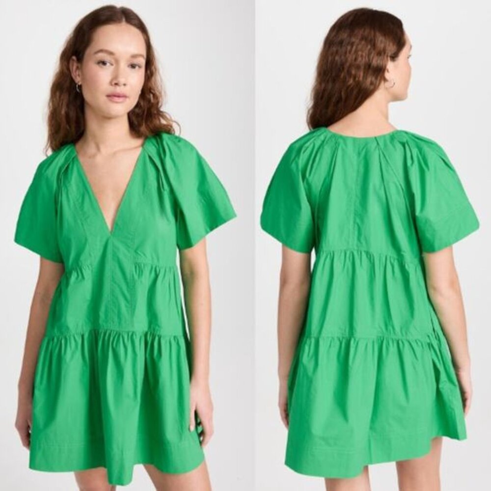 NEW A.L.C. V-Neck Camila Short-Oversized Sleeve Tiered Mini Dress Green Size: 4